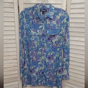 Women's Long Sleeve Button Down Tunic Sunwash Blue Floral